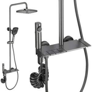 4 Piano Thermostatic Shower Set Finish Matte GreyColor / 4 in 1 Wall Mixer Single Lever Shower Panel Rain Fall heavy Brass Waterfall Bathroom shower System