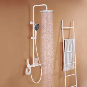 4 Piano Thermostatic Shower Set White Matte GreyColor / 4 in 1 Wall Mixer Single Lever Shower Panel Rain Fall heavy Brass Brass Body Waterfall Bathroom shower System,